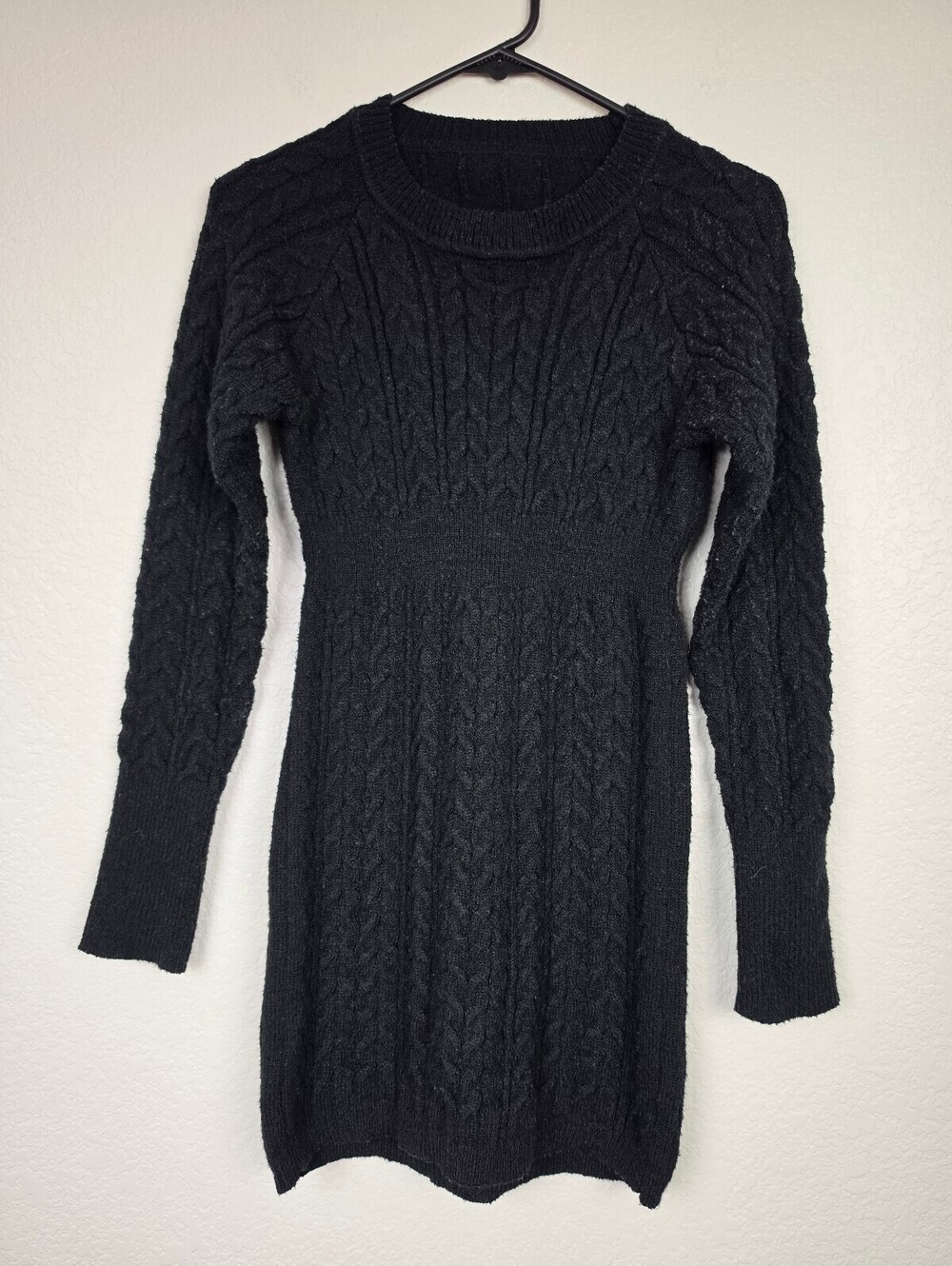 Black Cable Knit Sweater Dress with Long Sleeves